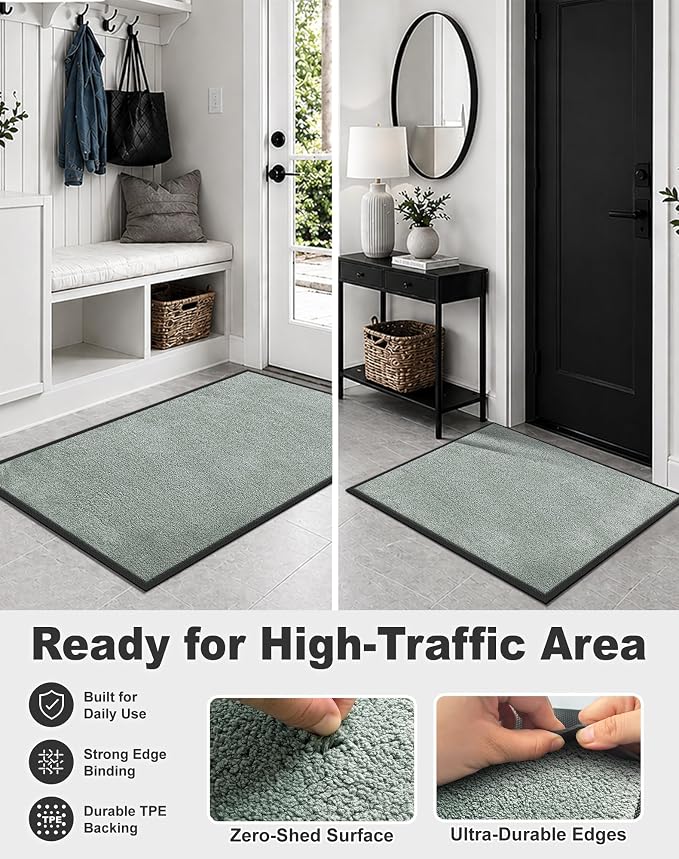 Mibao Front Door Mat Indoor Entrance, 60" x 36", Dirt Trapper Welcome Mat for Outdoor Indoor, Non-Slip Waterproof Doormat, Durable Machine Washable Low Profile Entry Rug for Back Door Outside,Green
