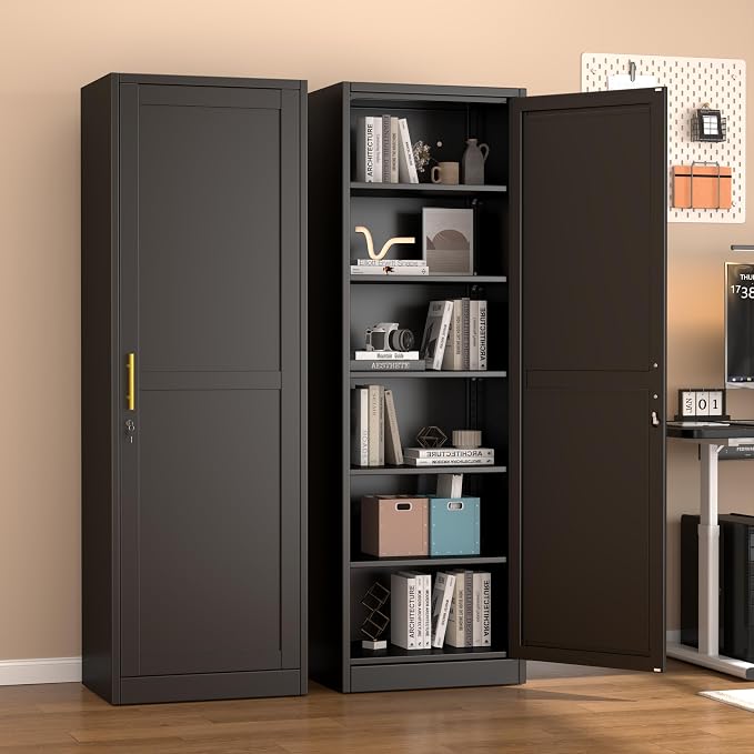 Ckzbx Metal Locker Tall Narrow Storage Cabinet, 67" H Locking Tool File Cabinets Snack Locker Organizer for School Classroom,Bedroom,Gym Home Office,Entryway and Hallway (20" W 1Door Black)