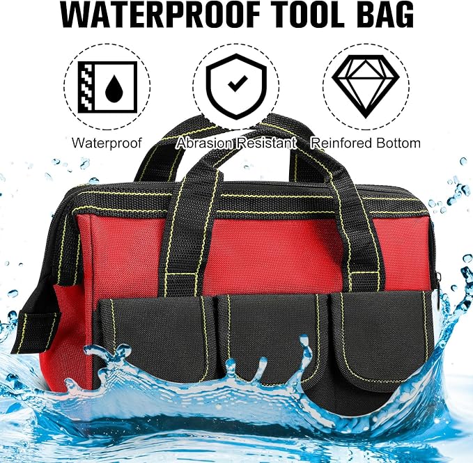Sanwuta 3 Pack Tool Bag for Men with Waterproof Hard Bottom, Heavy Duty Tool Bag Wide Mouth Tote for Various Instrument, Electrician Carpenter Mechanic(Red, Army Green, Yellow,16 Inch,Classic)