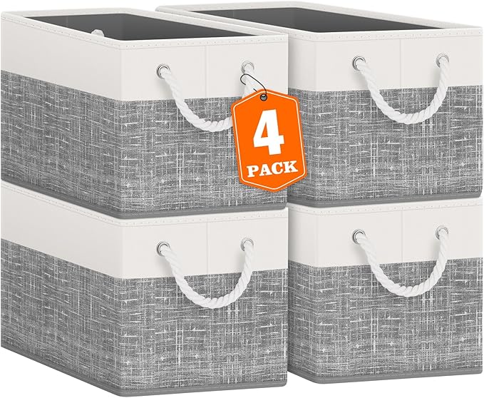 Fab totes Storage Bins 4-Pack, Foldable Storage Baskets for Organizing Toys, Books, Shelves, Closet, Large Storage Box with Rope Handles, Sturdy Organizer Bins, White & Grey