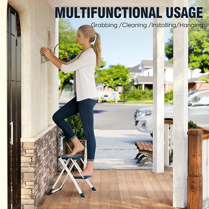 URACKIFY 2 Step Stool Foldable, Step Ladder with Non-Slip Rubber mat, Step Stool with Release Button, Lightweight Steel, Blue, for up to 330LBS.