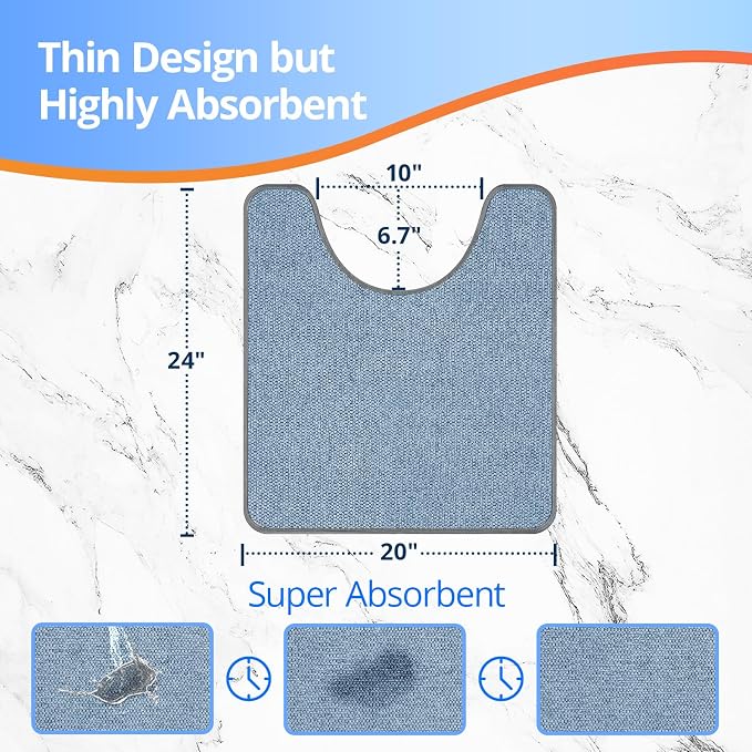 HOMTEB Toilet Rugs U Shaped Washable 24x20, Ultra Thin Toilet Rug Super Absorbent, Toilet Mat Rubber Backing Non-Slip, Toilet Mats Machine Washable Dry Quickly, Contour Bathroom Rugs for Toilet-Blue