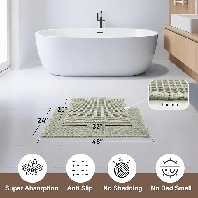 JIUZHEN Set of 2 Waffle Bath Mats Non Slip Waffle Bathroom Runner Rug Washable Boho Runner Bath Rugs Super Absorbent Shower Mat for Bathroom Kitchen Hallway Laundry, 20" x 32" +24" x 48", Sage Green