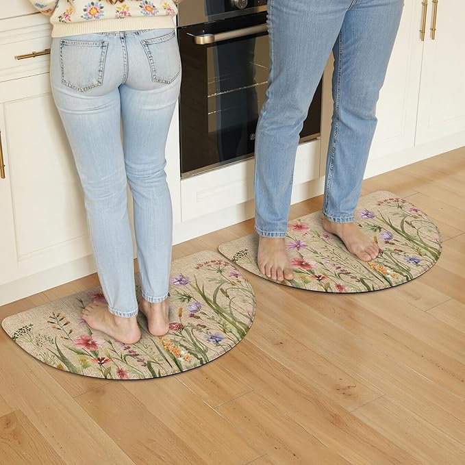 KIMODE Kitchen Mats for Floor Anti Fatigue, 18"x28" Half Round Cushioned Kitchen Floor Mats, Ergonomic Waterproof Standing Mats, Boho Kitchen Rugs Sets of 2 Non Skid for Laundry Office Light Brown