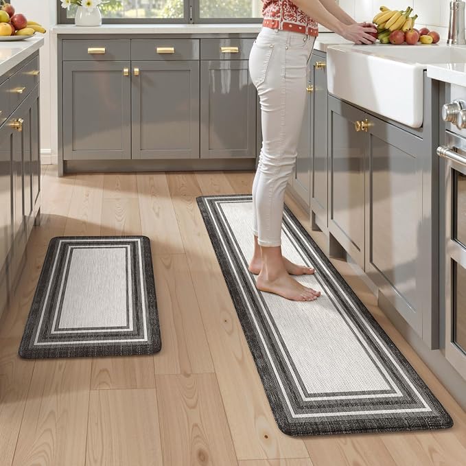 KIMODE Anti Fatigue Kitchen Mats,Non Slip Farmhouse Kitchen Rugs Sets 2 Piece,Waterproof Kitchen Mat for Floor,Cushioned Standing Mat for Office,Laundry,Sink,Desk,Black and Grey