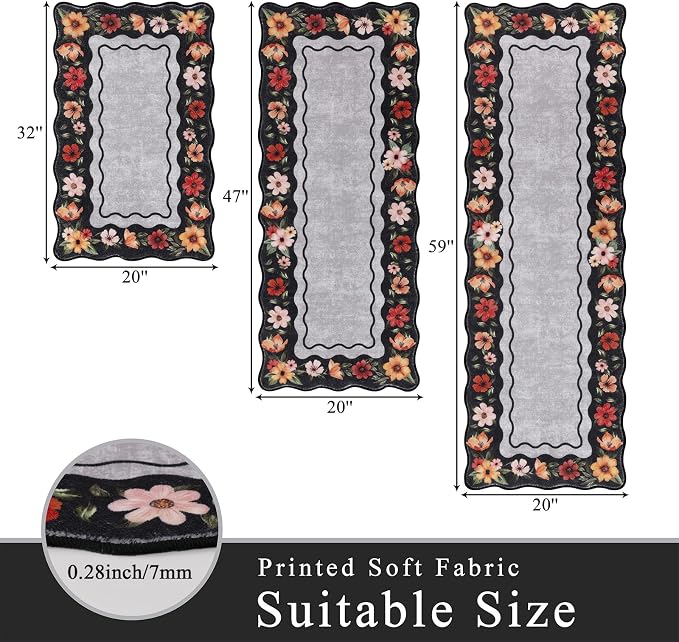 Vaukki Boho Kitchen Rug Sets 3 Pieces, Washable Kitchen Mats for Floor, Non Slip Soft Kitchen Area Rug Floor Mat for Kitchen, Laundry Room and Hallway (Flower-Black, 20''x32''+20''x47''+20''x59'')