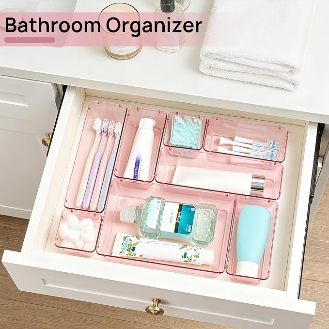 Vtopmart 25 PCS Plastic Drawer Organizers Set, 4-Size Versatile Bathroom and Vanity Drawer Organizer Trays, Storage Bins for Makeup, Bedroom, Kitchen Gadgets Utensils and Office