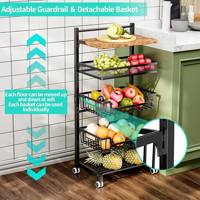 HapiRm Fruit Basket Kitchen Cart - Floor 5 Tier Adjustable Fruit and Vegetable Storage Rack, Large Capacity Rolling Kitchen Carts on Wheels for Pantry Snack Potato and Onion Storage