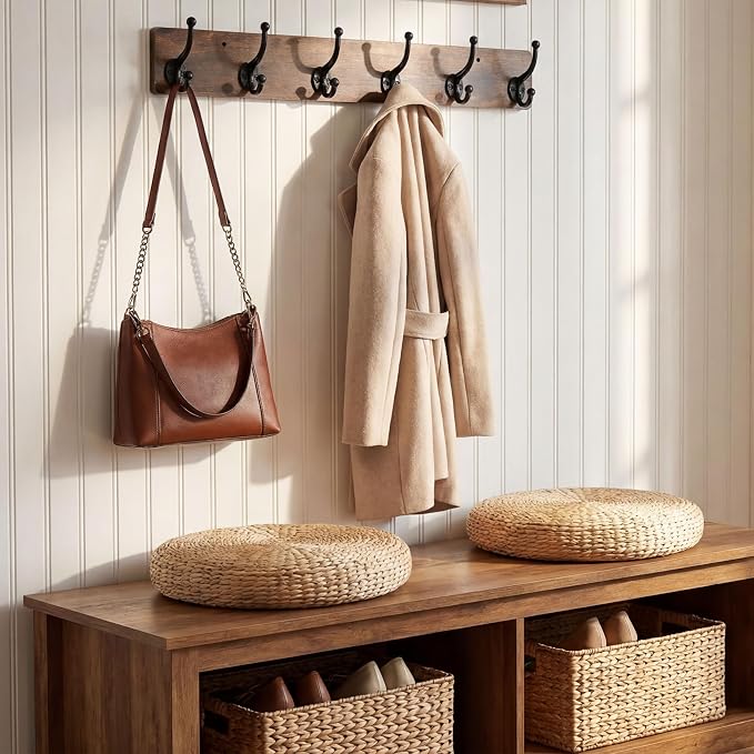 WEBI Rustic Coat Rack Wall Mount,24" Long 6 Cast Iron Coat Hooks Wall Mounted,Heavy Duty Wood Wall Coat Hanger Hooks for Hanging Coats,Jacket,Clothes,Backpack,Farmhouse,Rustic Brown