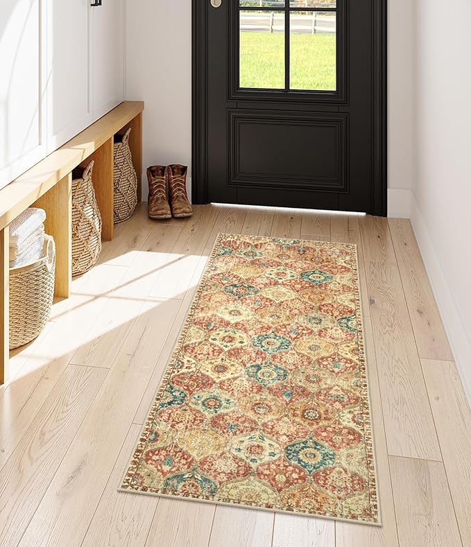 Lahome Moroccan Trellis Hallway Rug, 2x5 Washable Runner Rug Non Slip Kitchen Runners for Hallways, Ultra-Thin Vintage Carpet for Bedroom Bathroom Entryway Elise, Red/Orange