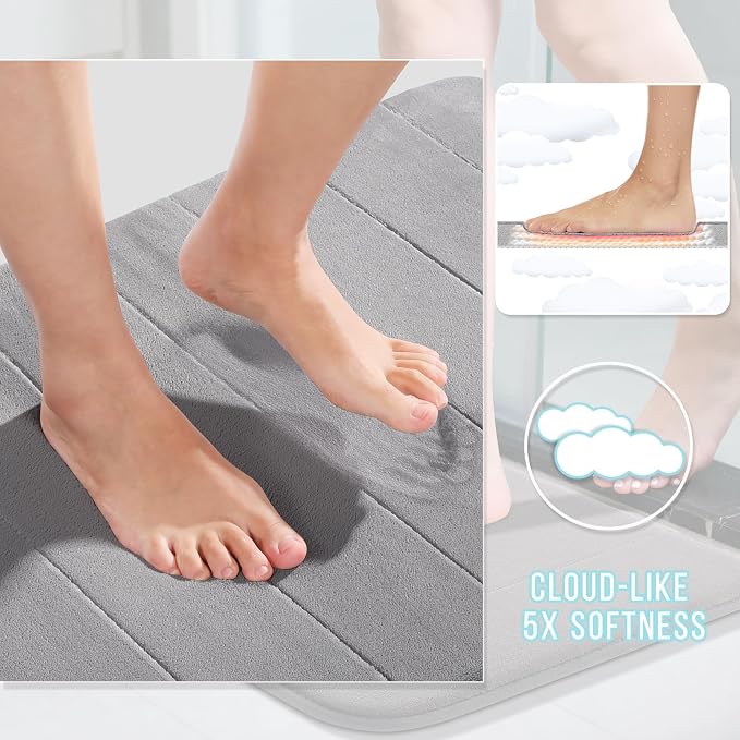 Yimobra Memory Foam Bath Mat Set 3 Pieces- Super Soft Absorbent Quick Dry Bathroom Rug Sets, Machine Washable Non Slip Floor Carpet for Tub Shower, Vanity & Toilet Base, Gray