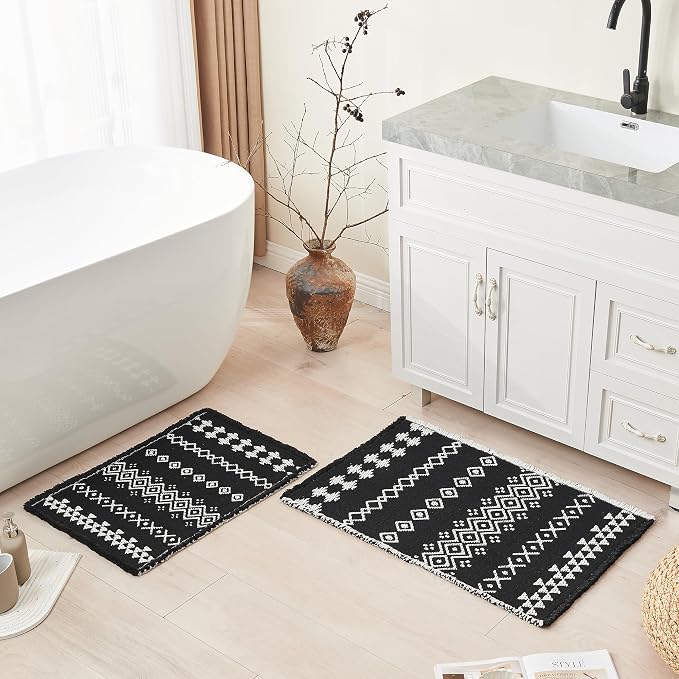 Douceur Boho Bath mat for Bathroom Floor Non Slip, Acrylic Blend Cute Bath Rugs with Tassels, Tribal Ethnic Pattern Farmhouse Bathroom Rugs, 24" x 36", Black