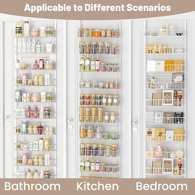 ElegantArray 10-Tier Pantry Door Oragnizer, Over The Door Pantry Organizer Rack and Storage, Hanging Spice Rack Shelves Door, Home Office Laundry Room Bathroom & Kitchen Organization, White