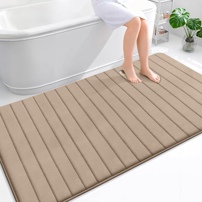 OLANLY Memory Foam Bath Mat 70x46, Super Soft Absorbent Bathroom Rugs, Quick Dry, Machine Washable Shower Floor Rugs, Bathmat Carpet, Bathroom Home Decor Accessories, Tan