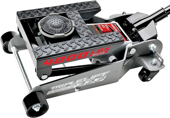 Powerbuilt 2 Ton Triple Lift Floor Jack, Works on Cars, Trucks, Motorcycles, ATV's, Transmissions, 4-3/4 to 17 in. Range, Wide and Stable, Locking Safety Bar - 620422E