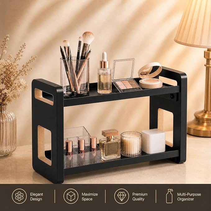 Narrow Solid Wood Bathroom Counter Organizer, Space-Saving Bathroom Storage Rack for Vanity, Multi-Purpose Kitchen Spice Rack & Bedroom Makeup Organizer (Black, 2 Tier)