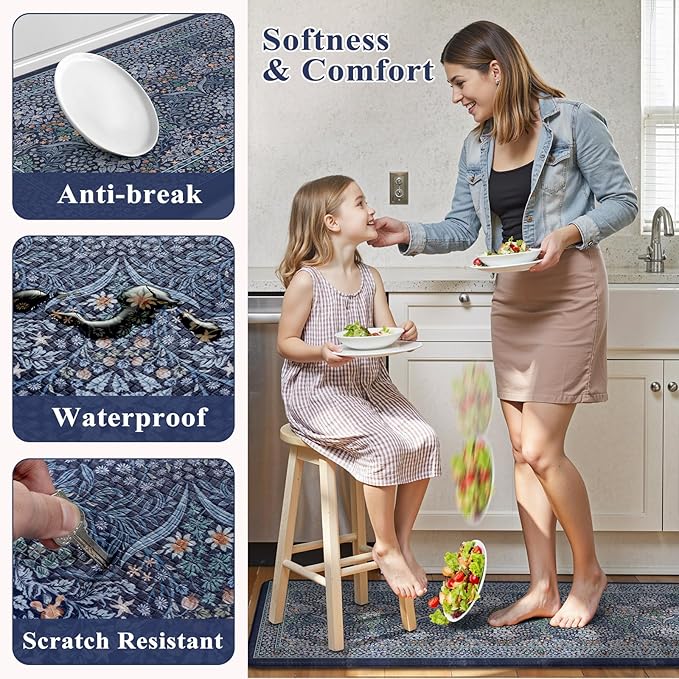 Collive Anti Fatigue Kitchen Mats, Cushioned Kitchen Rugs Set of 2 Waterproof Non Slip Desk Mat, Comfort Standing Rug Dark Blue Floral Carpet for Office, Sink, Laundry, 17.3"x29"+17.3"x47"