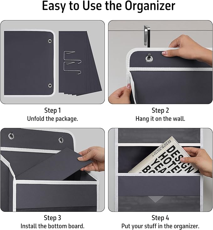 Giraffe Creation Compact Gray Over Door Organizer with 4 Large Clear Pockets, Compact Hanging Door Storage for Closet, Bathroom, Bedroom, Dorm, Nursery Essentials