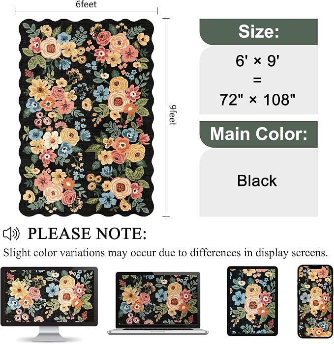 DUKINO 6x9 Area Rug, Floral Washable Rugs for Living Room with Non Slip Backing & Non-Shedding, Lightwight Low Pile Boho Design Large Carpets for Bedroom, Living Room, Dining Room, Black