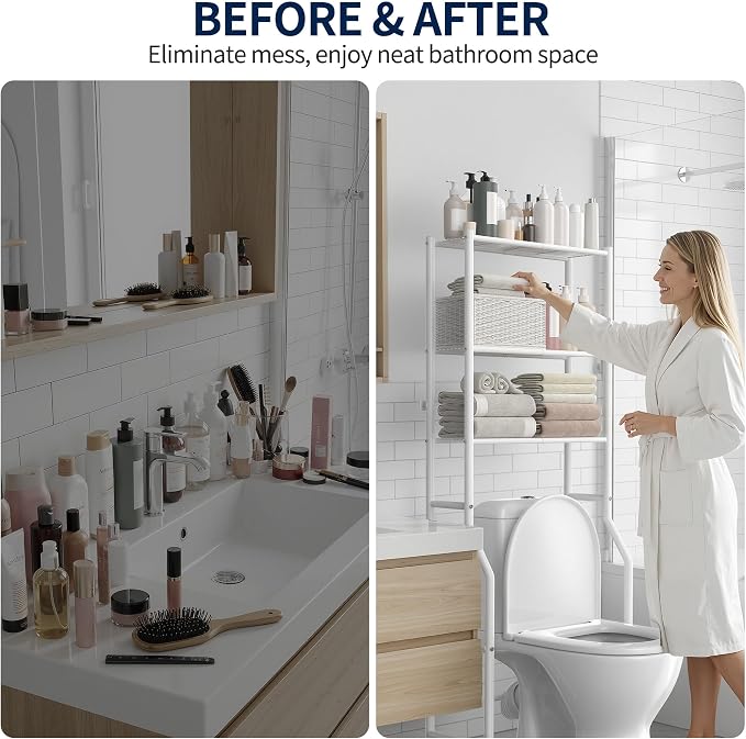 GloTika 3-Tier Over Toilet Storage Rack, Metal Over Toilet Bathroom Organizer Shelf, Freestanding Space Saver Storage Shelves for Bathroom/Laundry/Living Room (White)
