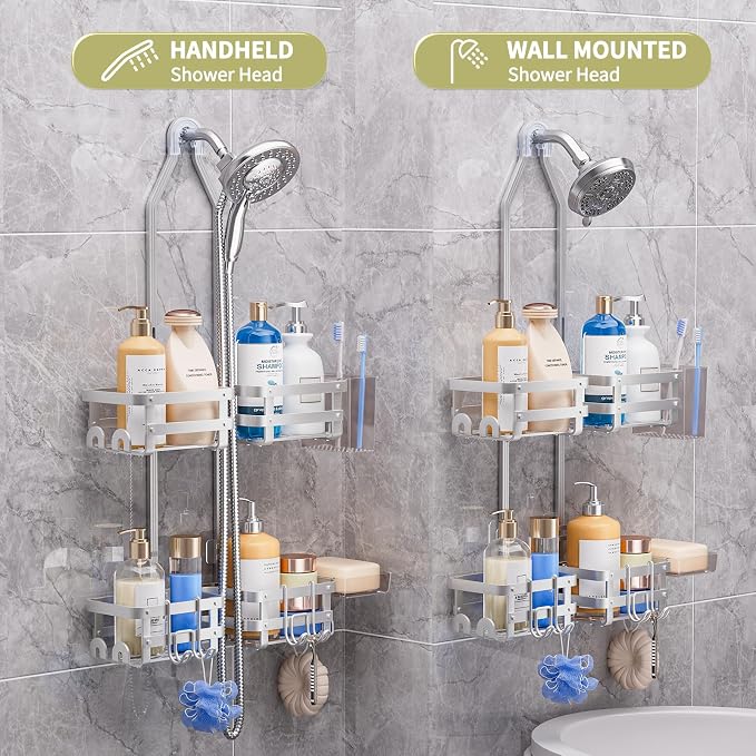 GAOKASE Aluminum Shower Caddy Hanging, Never Rust Shower Organizer- 4 Levels with adjustable Height 10 Hooks for Razor/Sponge - Rack with Soap Basket (Silver)