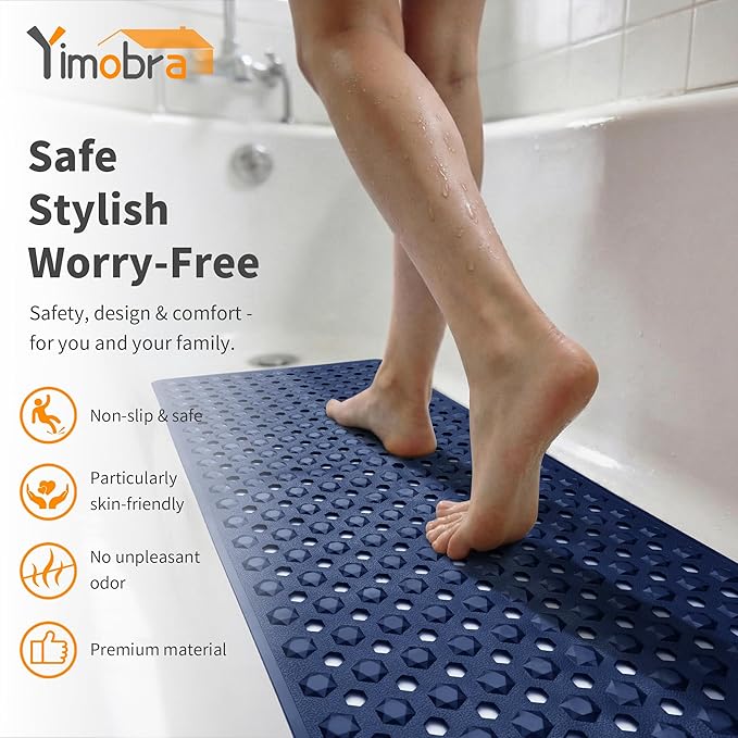 Yimobra Bathtub Mat Non Slip, 27.5"X15.5" Machine Washable Shower Floor Mat, Soft on Feet, Bathmat with Drain Holes and Suction Cups, Bathroom Essentials, Dark Blue