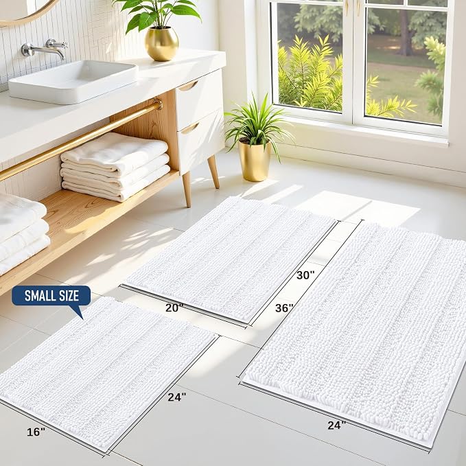 Grandaily Chenille Striped Bathroom Rugs 59x24, Extra Thick and Soft Absorbent Bath Mats, Rubber Backing, Plush Shaggy Shower Carpet, Machine Wash Dry, Bath Rug for Bathroom, Solid White