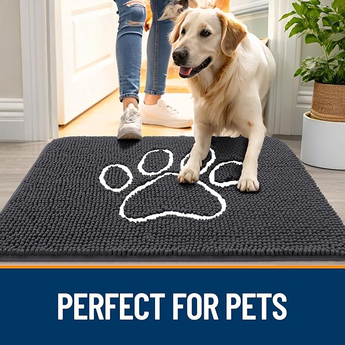 OLANLY Dog Door Mat for Muddy Paws 34x21, Paw Print Design, Absorbs Moisture and Dirt, Absorbent Non-Slip Washable Doormat, Quick Dry Chenille Mud Mat for Dogs, Entry Indoor Entryway Carpet, Dark Grey