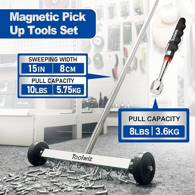Toolwiz 15" Rolling Magnetic Sweeper 10lbs, with 16 lbs Telescopic Magnetic Pick Up tools –Lightweight Pick-up Sweeper with Wheels for Nails, Screws & Metal Debris Home Use Workshop Garage