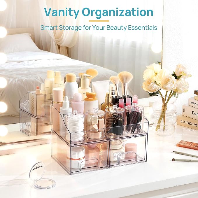 Vtopmart 7 PCS Bathroom Countertop Organizer, 1 Divided Tray with 4 Qtip Holder Jars and 2 Drawers, Restroom Clear Organizers for Toothbrush, Cotton Pads, Vanity Accessories Storage Set
