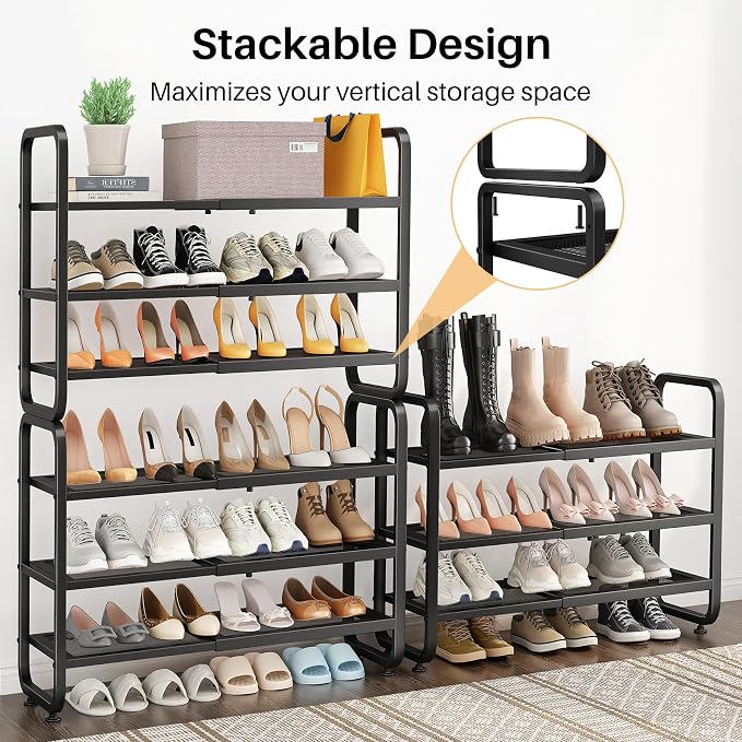 SNTD Shoe Rack - Expandable Shoe Organizer for Closet, Adjustable Metal Shoe Shelf Storage, Stackable Long Shoe Stand Holder for Garage, Entryway, Door Entrance (Black, 3-Tier)