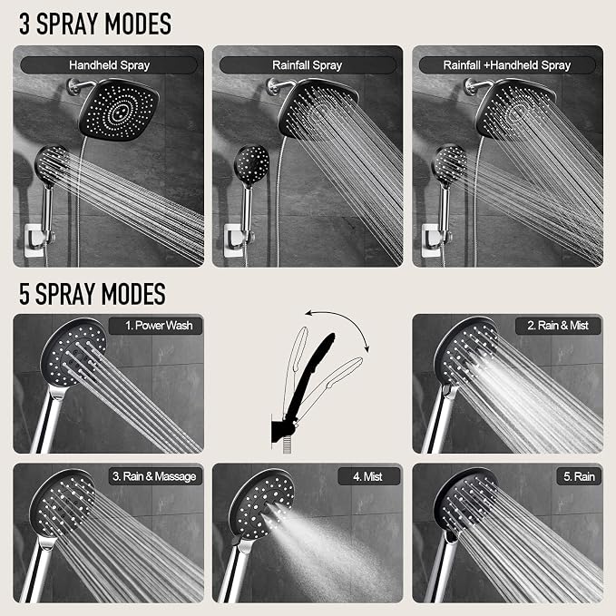 Veken 10'' Rain Shower Head with Handheld, High Pressure Rainfall Showerhead Combo with 5 Hand held Water Spray Modes for Bathroom Accessories, Home Decor, Detachable Dual Shower Heads, Chrome Silver