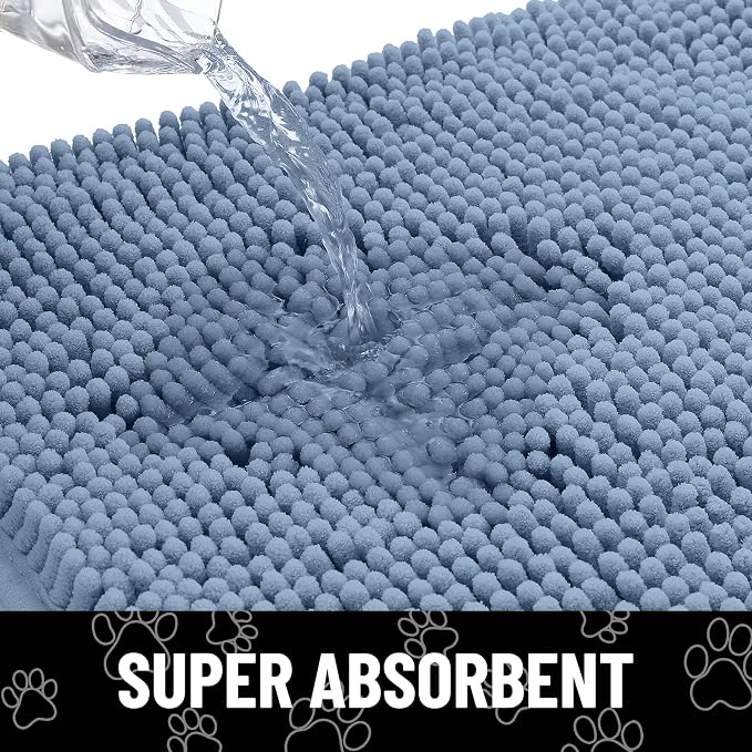 Smiry Dog Door Mat for Muddy Paws, Absorbent Dirt Trapper Non Slip Quick Dry Washable Chenille Mat for Mud Dogs, Entry Rug for Indoor and Outdoor (40x32 Inches, Airy Blue and White)