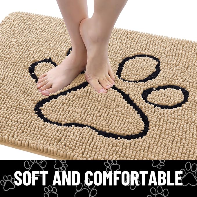 Smiry Dog Door Mat for Muddy Paws, Absorbent Dirt Trapper Non Slip Quick Dry Washable Chenille Mat for Mud Dogs, Entry Rug for Indoor and Outdoor (36x24 Inches, Beige and Black