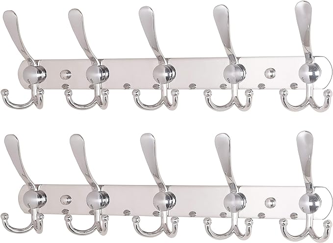 Dseap Wall Mounted Coat Rack - 5 Tri Hooks, Heavy Duty, Stainless Steel, Metal Coat Hook Rail for Coat Hat Towel Purse Robes Mudroom Bathroom Entryway (Chromed, 2 Packs)