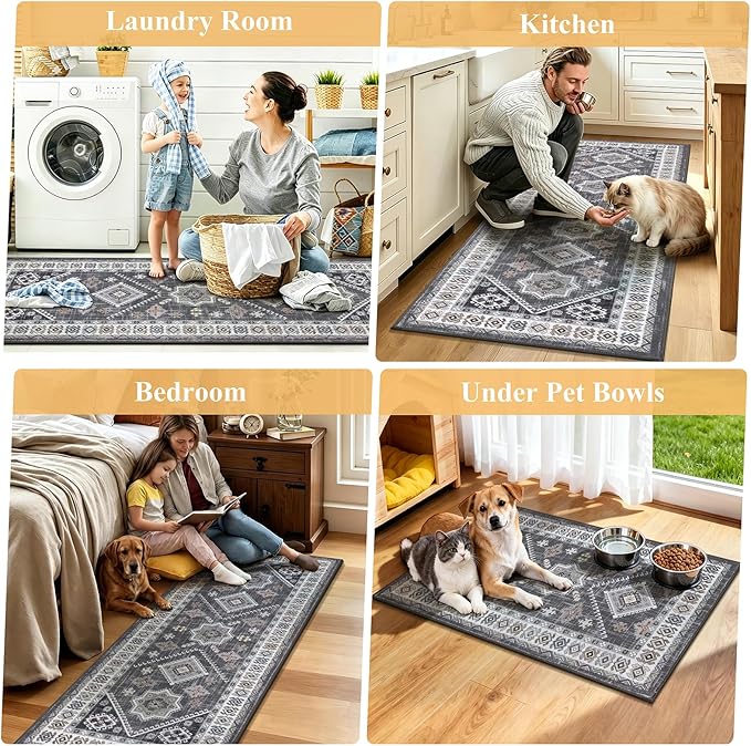 HEBE Boho Kitchen Rug Sets 3 Piece with Runner Non Slip Kitchen Rugs and Mats Washable Kitchen Mats for Floor Thick Kitchen Floor Mat Carpet Runner Rugs for Hallway Laundry Holiday Decor
