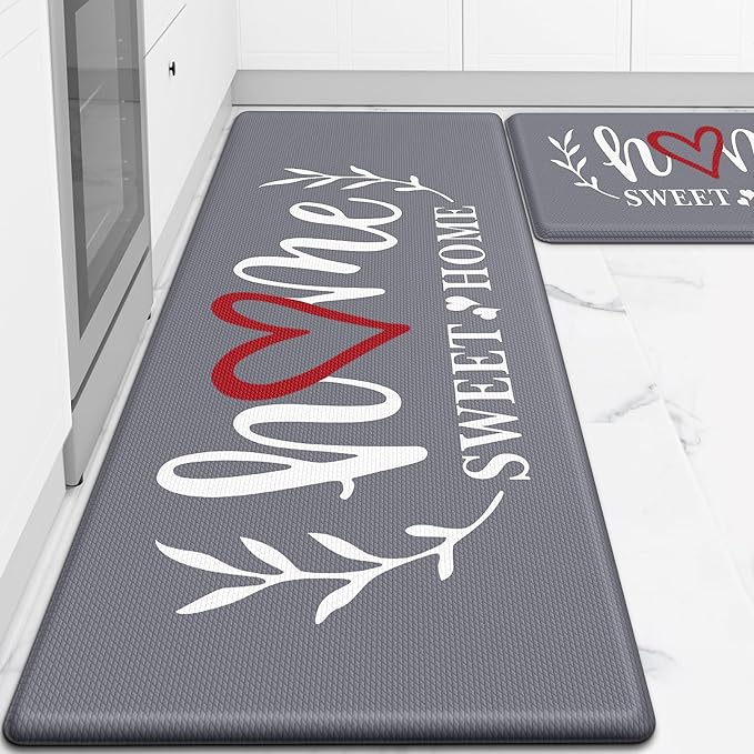 HappyTrends Kitchen Mat for Floor, 2PCS Cushioned Anti-Fatigue Kitchen Rugs, Waterproof Non-Slip Standing Mats and Rugs Set for Kitchen, Office, Laundry, Grey, 17.3"×30"+17.3"×47"