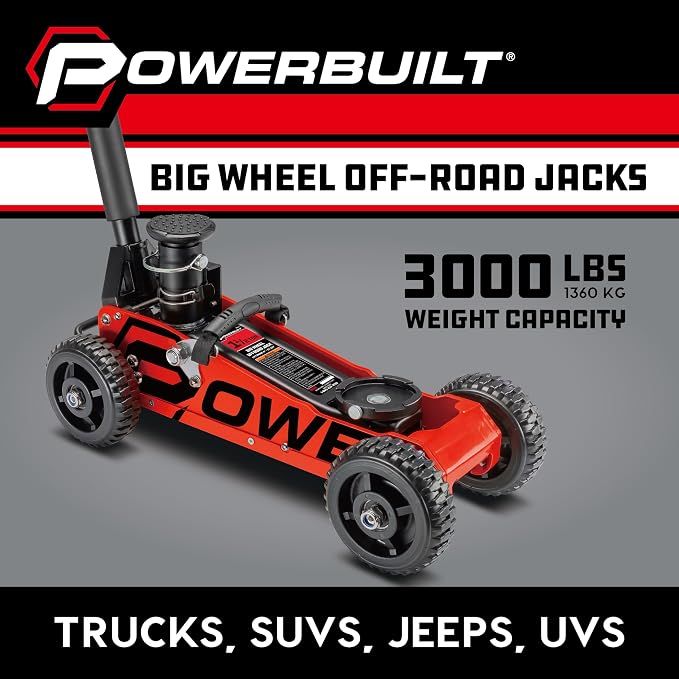 Powerbuilt 1.5 Ton Big Wheel Off Road Jack, Vehicle Lift for Trucks, SUVs, ATVs Offroad Vehicles, Oversized Wheels for Rugged Terrain, 3000 LB Capacity, Orange 620704ECE