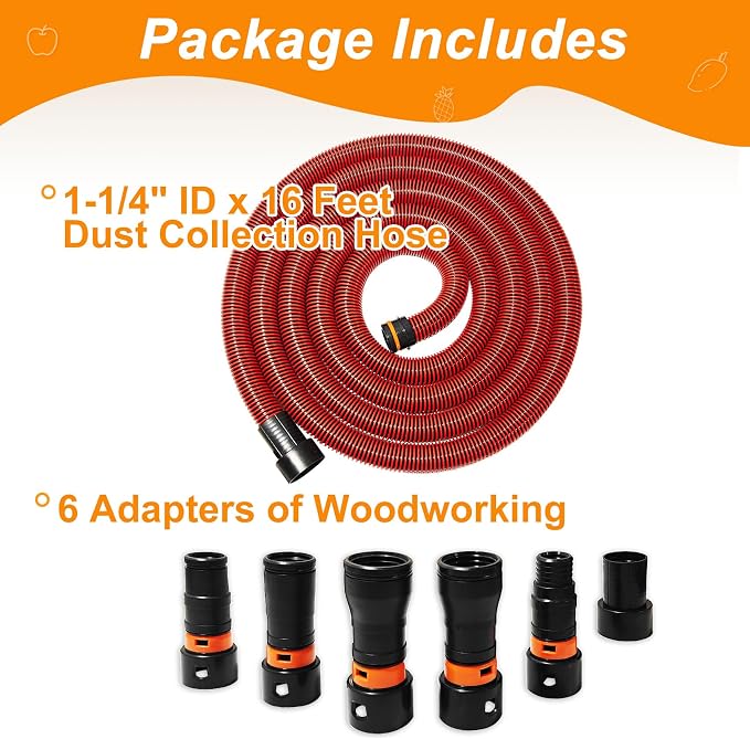 16FT Shop Vac Hose, Dust Collection Hose Kit for Home&Shop Vacuums System with 6 Adapters for Woodworking Power Tool & Sander, Compatible with festool/dewalt/bosch/ryobi/, etc Most Multi-Brands