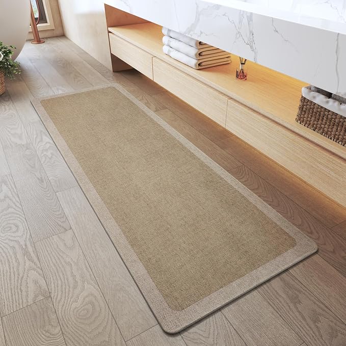 YDKGL Bathroom Runner Rug, Thin Bath Mat Bathroom Rugs Non Slip Washable, Rubber Backing Quick Dry for Floor, Tub and Shower, Brown Beige 17x47
