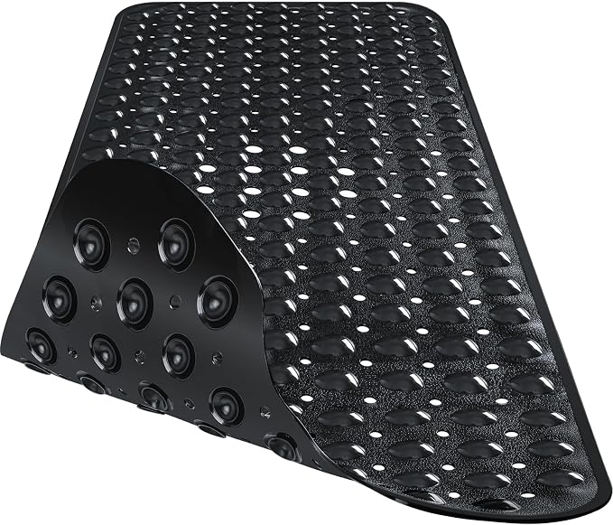 Extra Long Black Bathtub Mat Non Slip, Soft Bath Mat for Tub 40 x 16 Inch Full Size, Bath Tub Shower Mats for Bathroom Floor with Big Suction Cups and Drain Holes, Easy Washable, BPA Free
