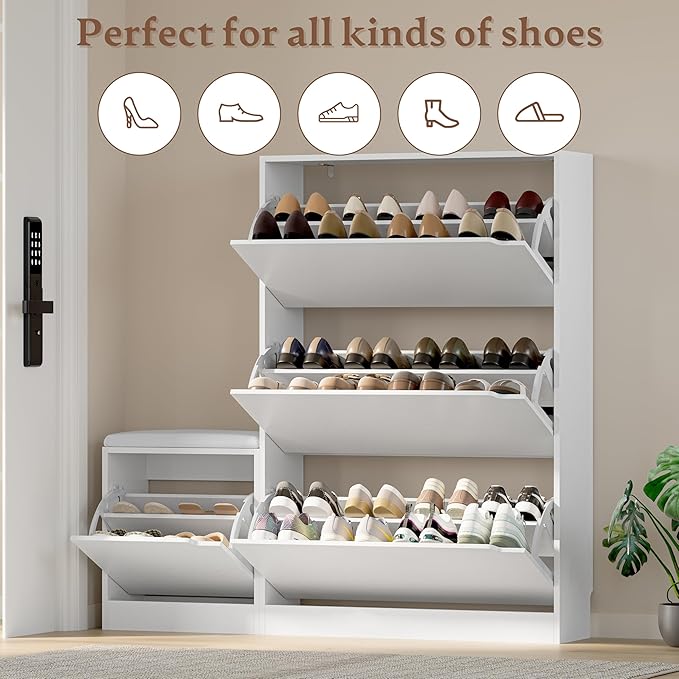 BORNOON Shoe Cabinet with Bench and 3 Flip Drawers, Slim Narrow Shoe Storage Cabinet, Freestanding Shoe Rack Organizer with Adjustable & Removable Shelves, Anti-Tip for Entryway, Hallway, Foyer