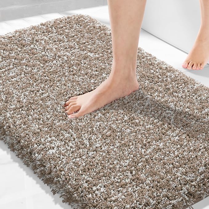 Yimobra Bathroom Rugs Non Slip Washable 36X24, Ultra Soft and Water Absorbent Bath Mats, Plush Fluffy Shower Mat Outside, Luxury Microfiber Thick Matts for Bathroom Floor/Tub, Light Brown and White