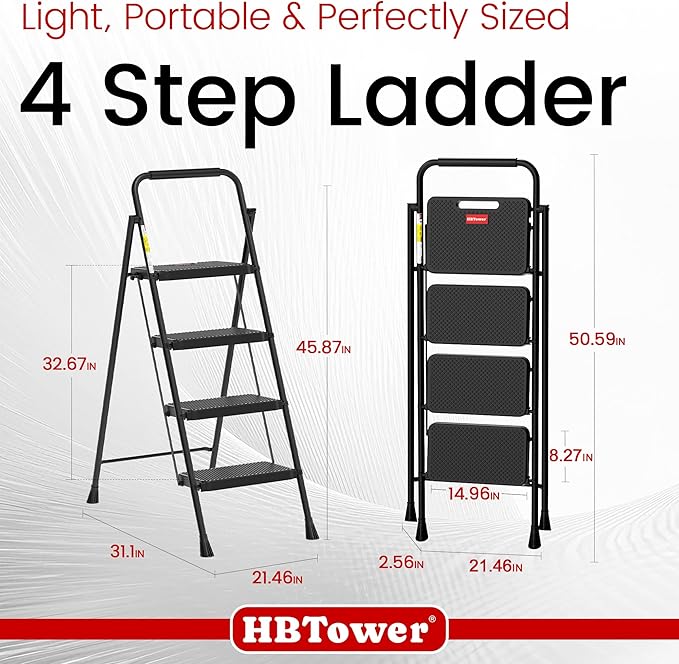 HBTower Step Ladder, 4 Step Ladder Folding Step Stool with Wide Anti-Slip Pedal, Lightweight Ladders for Home, Black