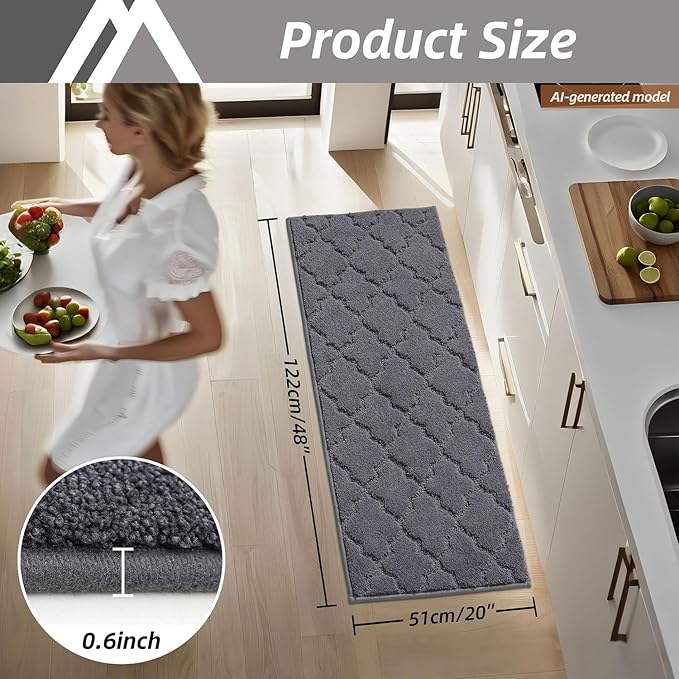 COSY HOMEER-Kitchen-Rugs 20"x48" Non-Slip Absorbent Soft Kitchen Runner Rug Polyester Kitchen Mats for Floor Washable Kitchens Standing Floor Mat for Sink Mat,Hallway,Laundry,Dark Grey