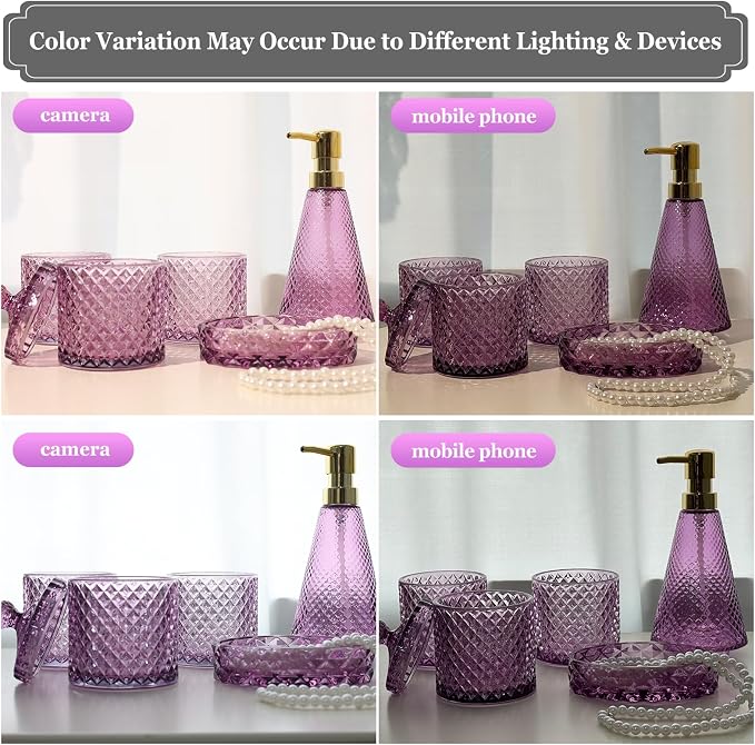 Purple Glass Bathroom Accessories Set 5 Pcs, Purple Bathroom Set, Soap Dispenser and Toothbrush Holder Set, Qtip Holder Set, Vintage Bathroom Sink Set, Cute Bathroom Decor