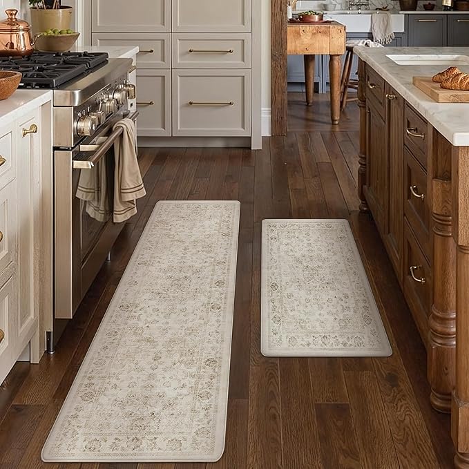 Anti Fatigue Kitchen Mats 2PCS Beige Neutral Mats for Cushioned Vintage Kitchen Matss for Floor Non-Slip Waterproof Comfort Standing Rug for Sink Laundry Office 17.3"×59"+17.3"×30"