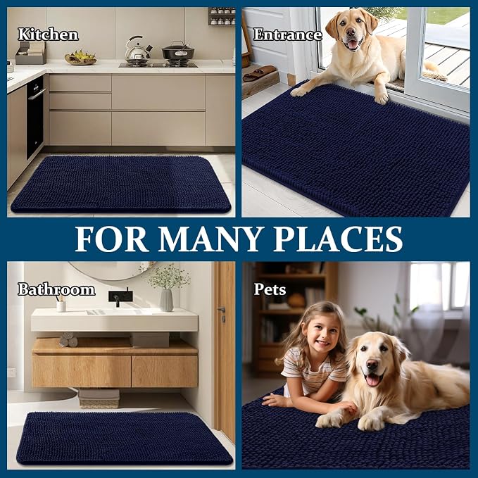 OLANLY Dog Door Mat for Muddy Paws 59x35, Absorbs Moisture and Dirt, Absorbent Non-Slip Washable Doormat, Quick Dry Chenille Mud Mat for Dogs, Entry Indoor Entryway Carpet for Inside Floor, Navy Blue