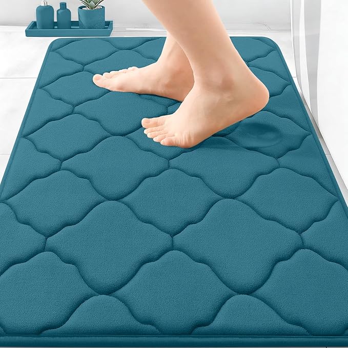 OLANLY Memory Foam Bath Mat Rug 30x20, Ultra Soft and Absorbent Bathroom Rugs, Non-Slip, Comfortable, Machine Washable Bath Carpet for Bathroom Floor, Shower and Home Decor Accessories, Peacock Blue