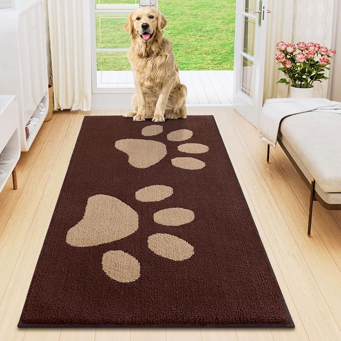 Smiry Dog Door Mat for Muddy Paws, Absorbs Moisture and Dirt, Low-Profile Entryway Mat with Non-Slip Backing, Entry Indoor Outdoor Doormat for Inside Floor (47x20 Inches, Brown, Paw)